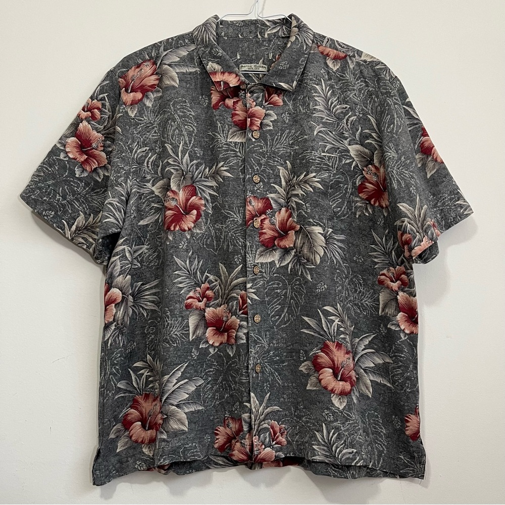 Batik Bay 100% Silk Hawaiian Shirt Mens XL Green Gray Floral Washable Camp Beach